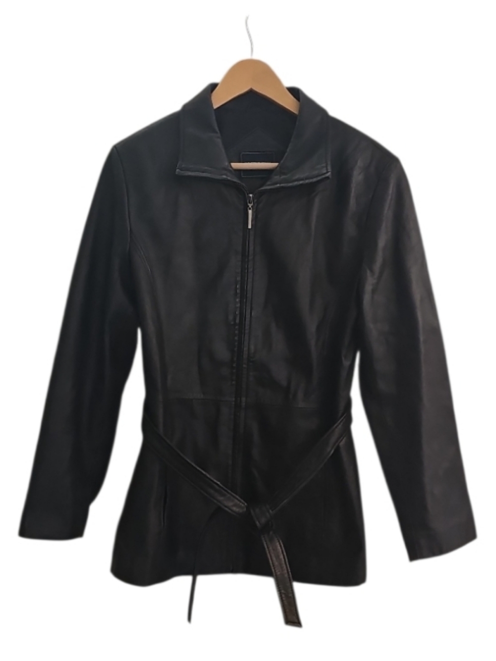 Outbrook Black Leather Jacket Belted Waist Women’s M Minimalist Moto Chic